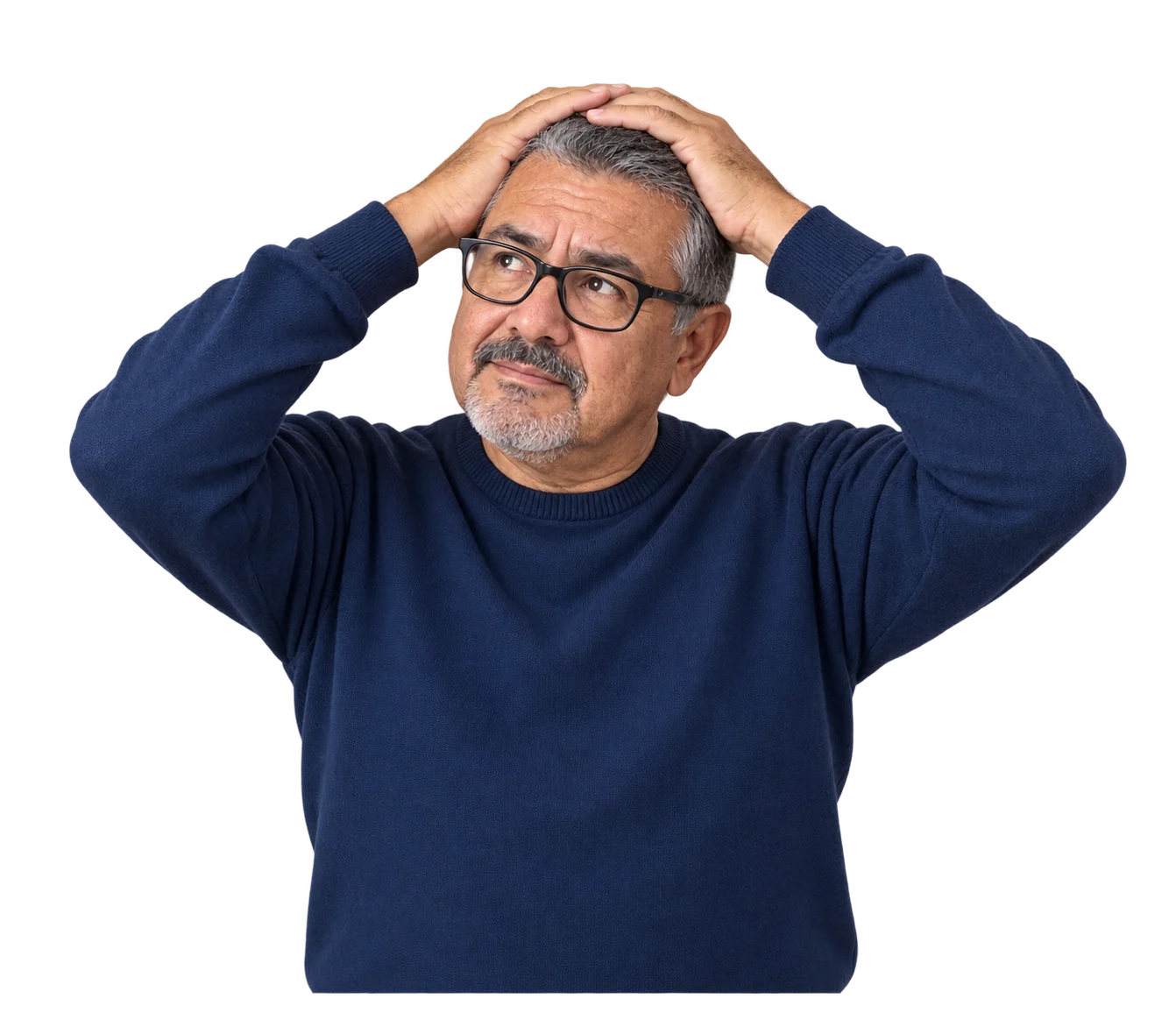 Older Hispanic man with glasses and hands on his head, considering his document translation questions.