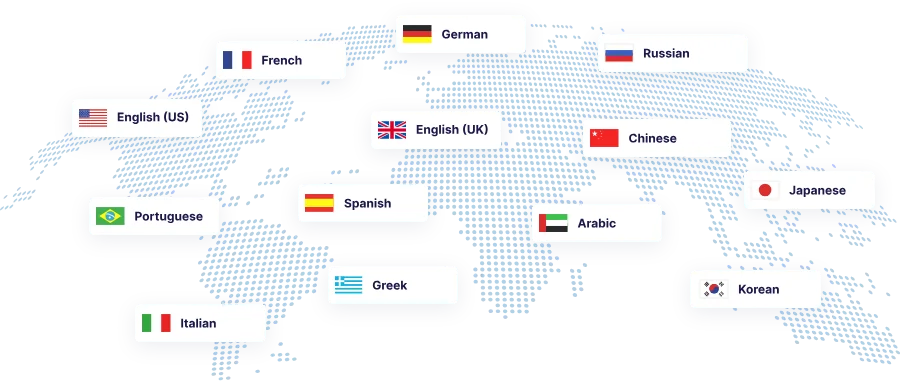 Dotted world map with flags and labels for English, French, German, Russian, Chinese, Japanese, Portuguese, Spanish, Arabic, Greek, Korean, and Italian.
