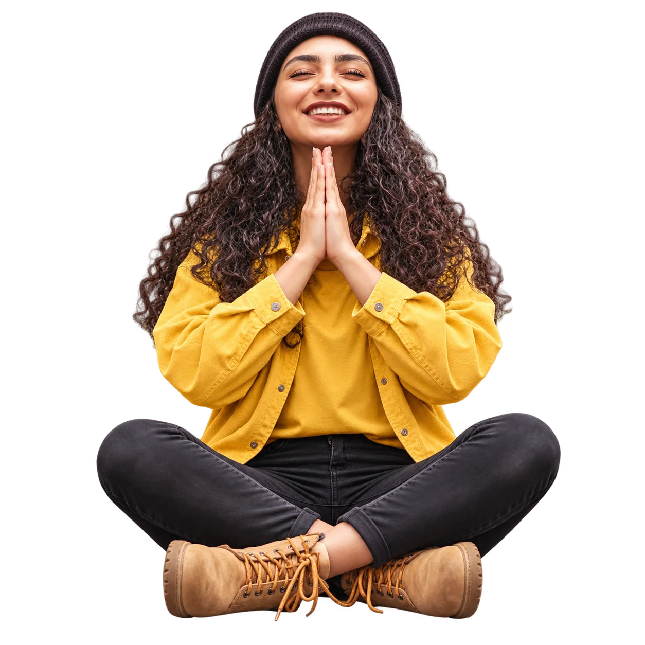 Smiling woman in a yellow jacket, seated with a relaxed posture