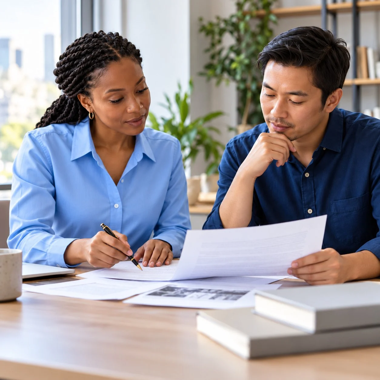 Language professionals reviewing printed translation documents