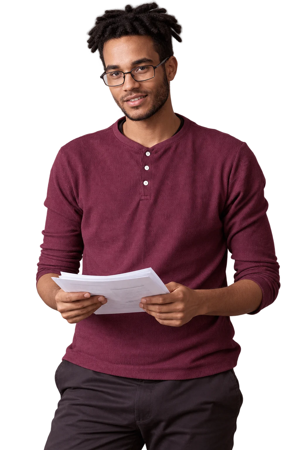 Smiling man with glasses holding printed documents